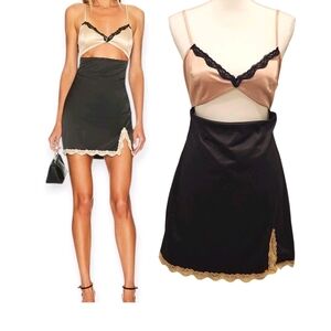 Superdown Women's Medium Patrece Two Toned Satin Cut Out Lace Trim Mini Dress